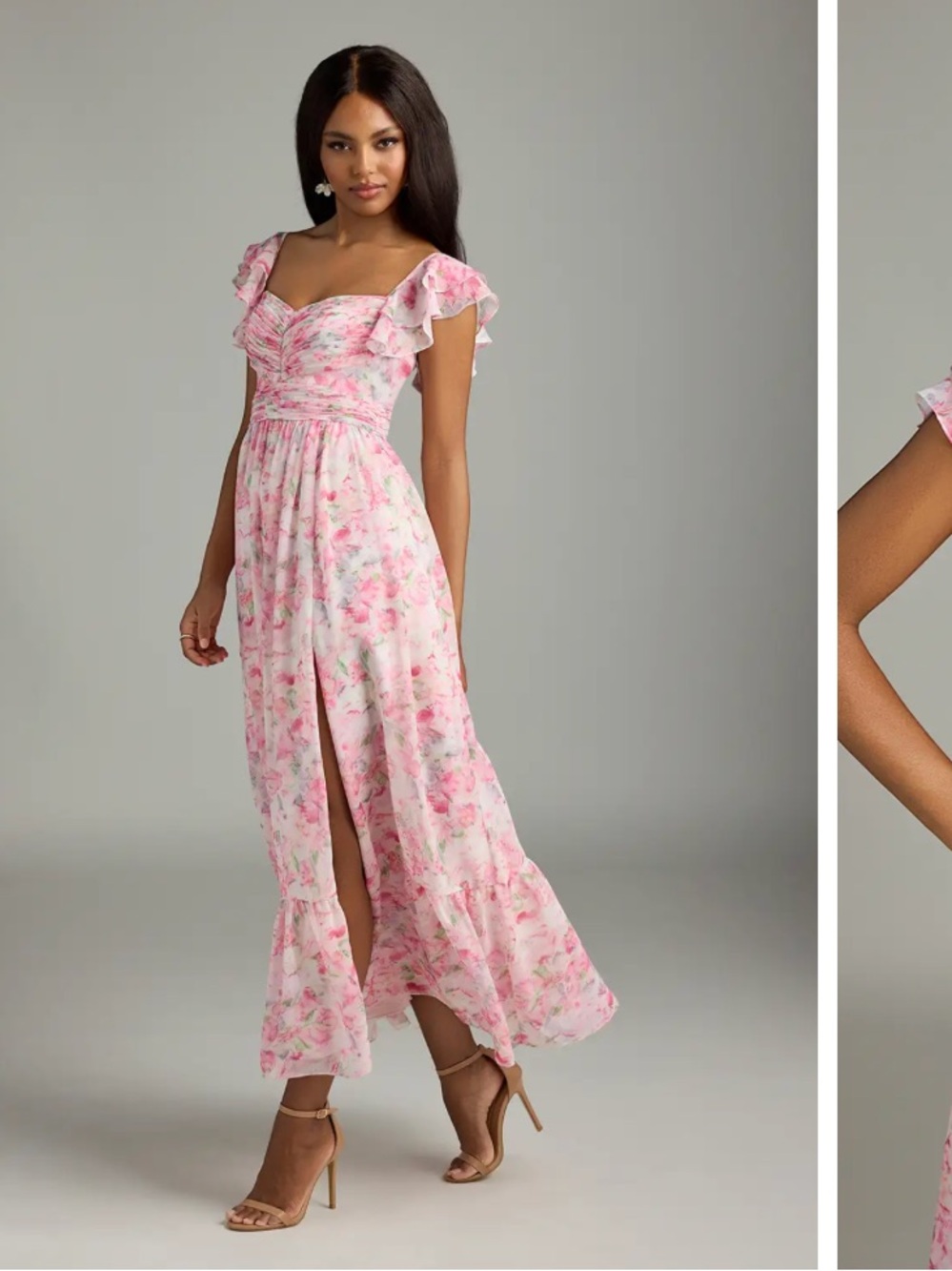 Azazie Pink Floral Ruffle-Sleeve Maxi Dress